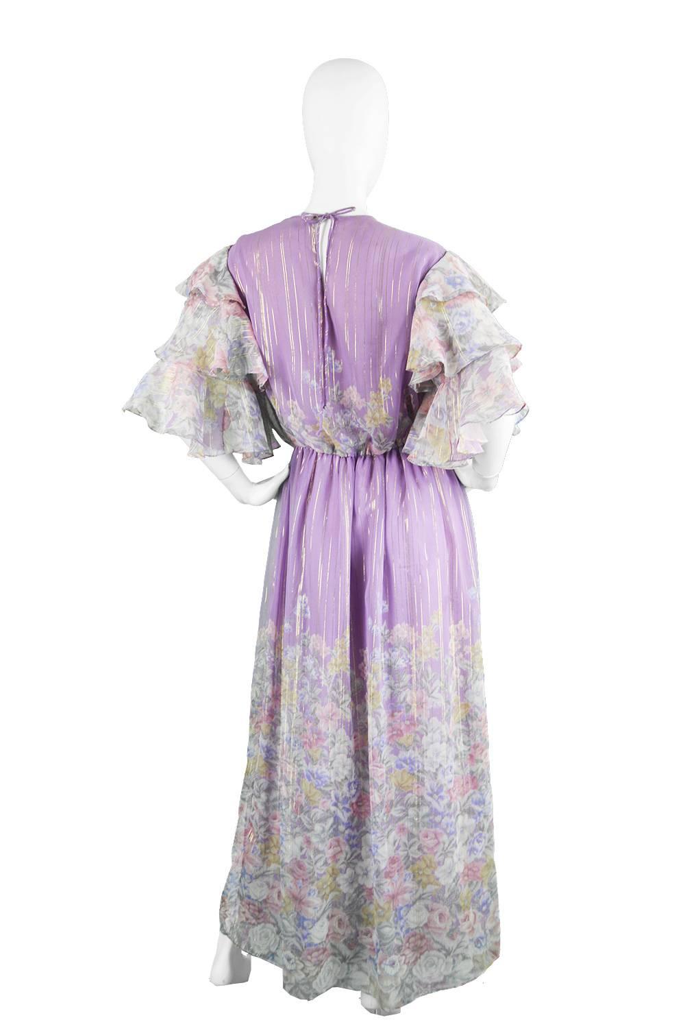 Women's Hanae Mori Purple and Pastel Floral Printed Ruffle Sleeve Maxi Dress, 1980s  For Sale