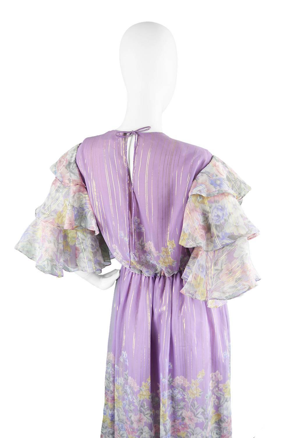 Hanae Mori Purple and Pastel Floral Printed Ruffle Sleeve Maxi Dress, 1980s  1