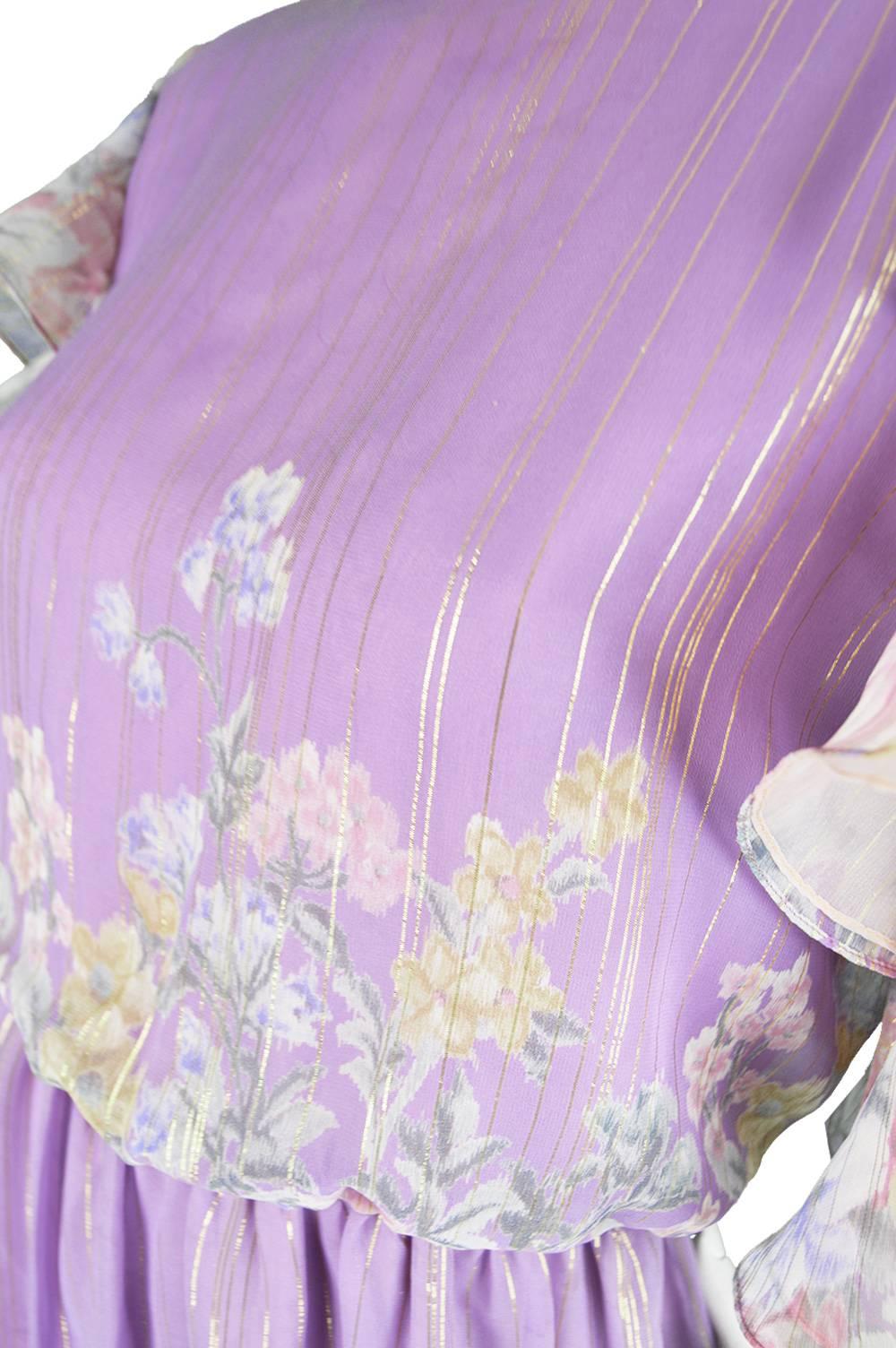 Gray Hanae Mori Purple and Pastel Floral Printed Ruffle Sleeve Maxi Dress, 1980s 