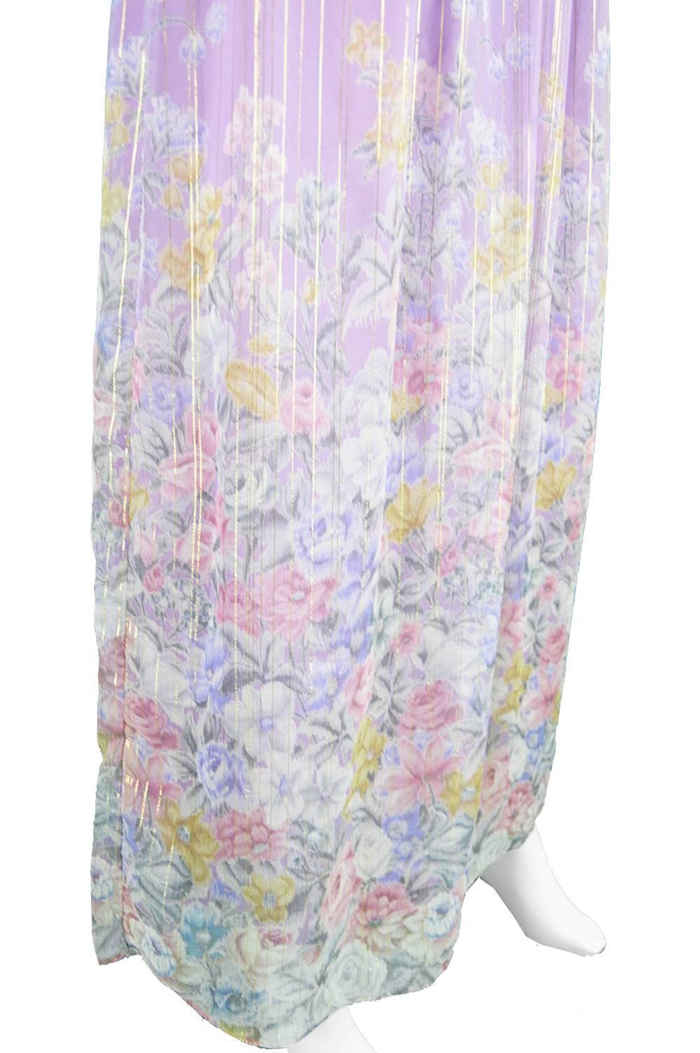 Hanae Mori Purple and Pastel Floral Printed Ruffle Sleeve Maxi Dress, 1980s  For Sale 2