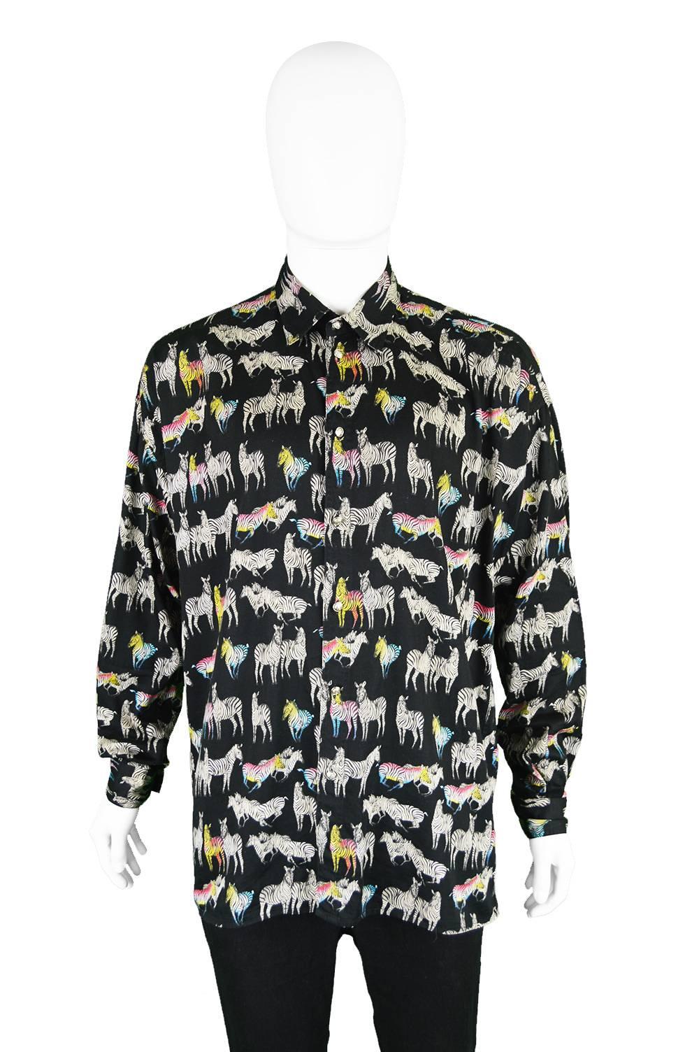 A fun and stylish vintage mens Versace Jeans Couture shirt from the 1990s with an unusual zebra print - roughly one in three of these zebras are rainbow coloured, standing out from the rest of the herd, just as you would in this vibrantly printed