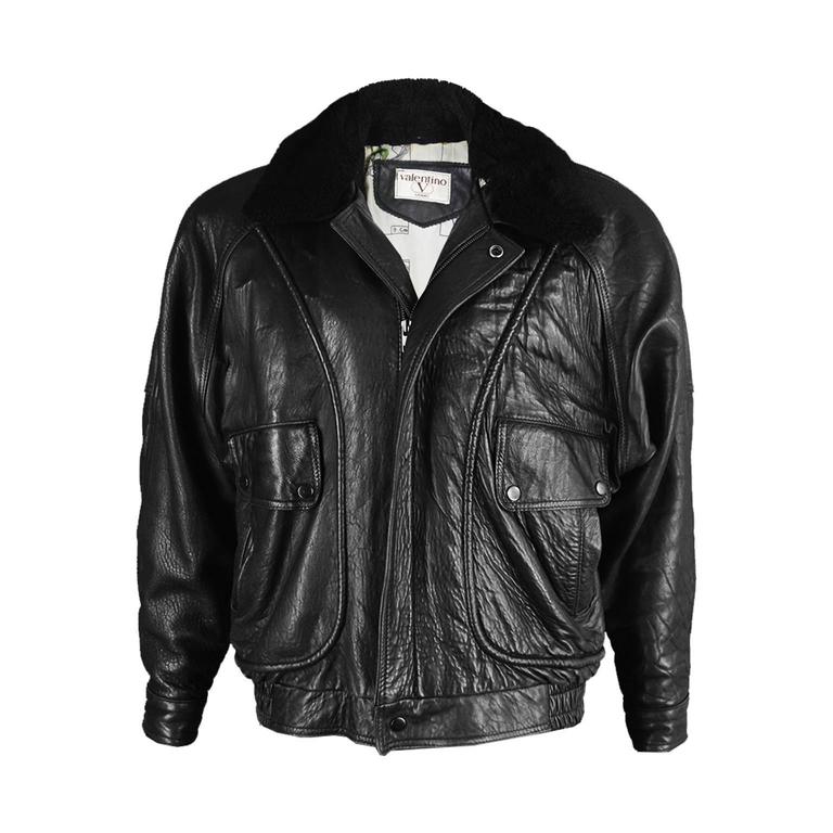 Valentino Uomo Men's Leather Aviator Jacket with Shearling Collar, 1980s