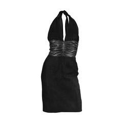 Vintage Black Leather & Suede Halter Dress with Cummerbund Waist, 1980s