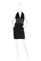 Vintage Black Leather & Suede Halter Dress with Cummerbund Waist, 1980s