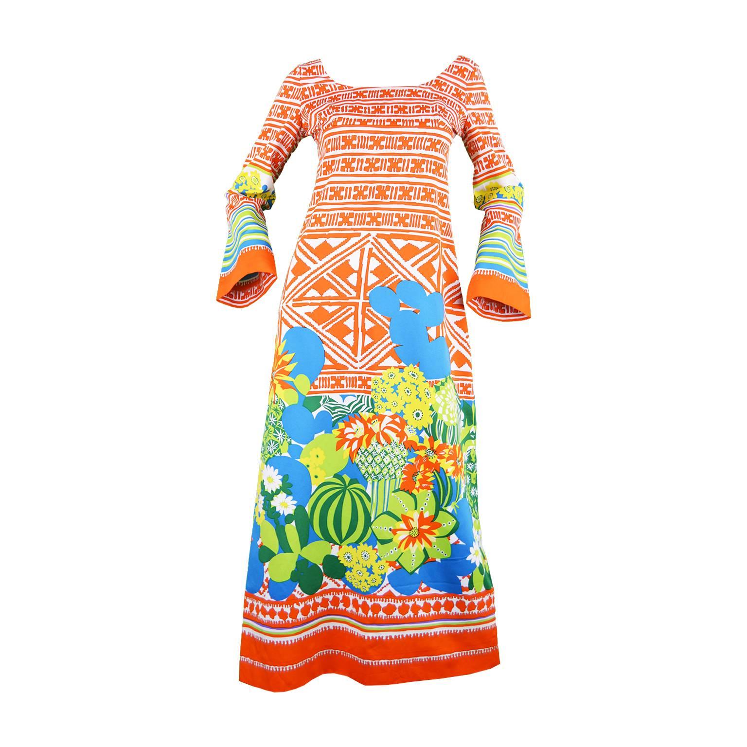 Lanvin Boutique Orange Tropical Cactus Printed Maxi Dress, S/S 1973 For Sale