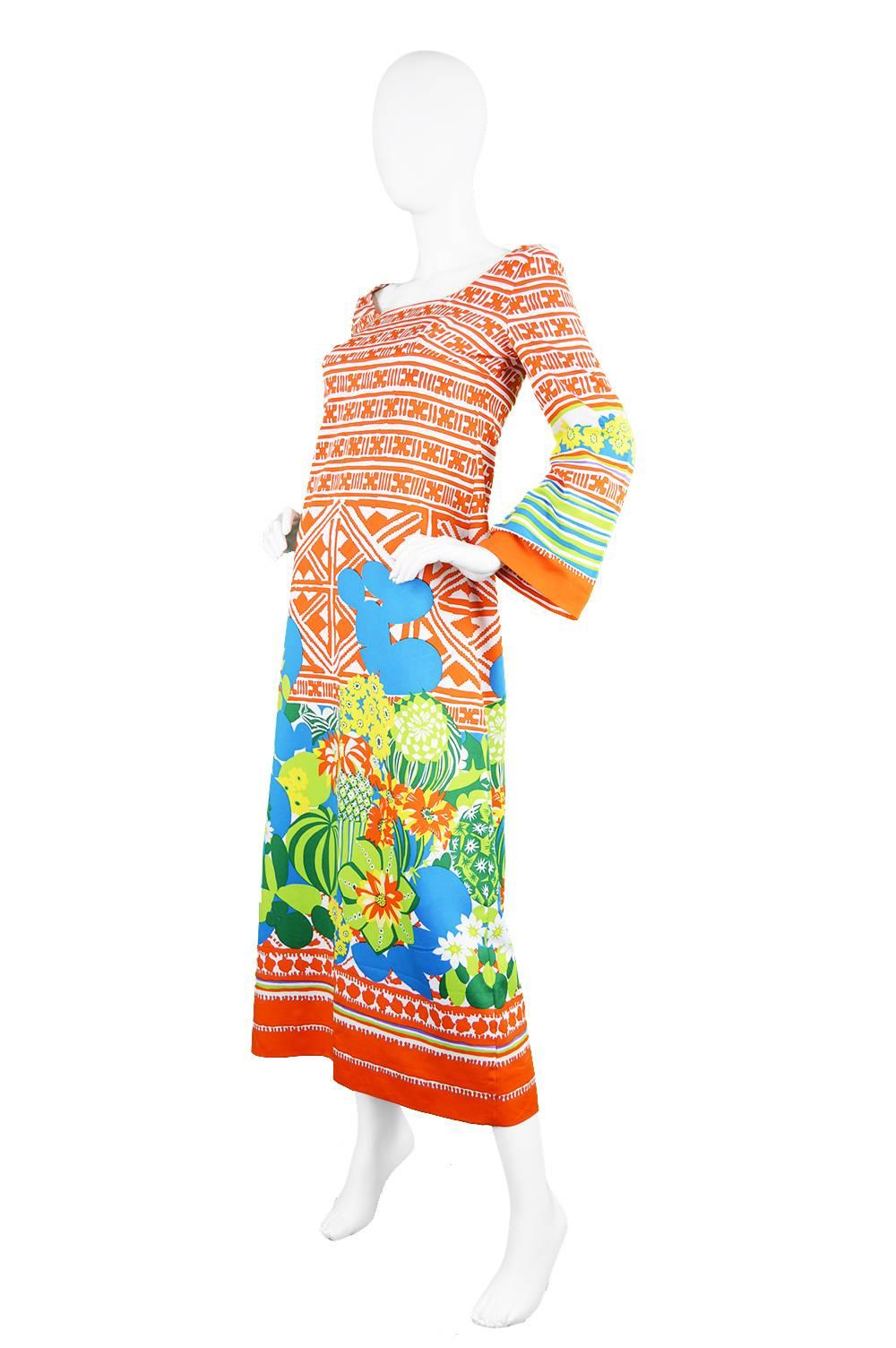 Beige Lanvin Boutique Orange Tropical Cactus Printed Maxi Dress, S/S 1973 For Sale
