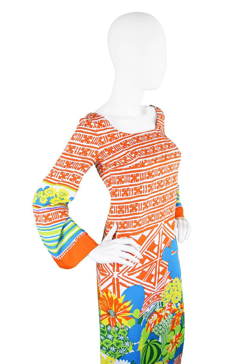Lanvin Boutique Orange Tropical Cactus Printed Maxi Dress, S/S 1973 In Excellent Condition For Sale In Doncaster, South Yorkshire