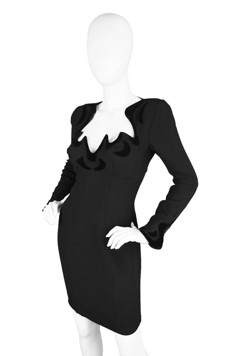 Black Thierry Mugler Dramatic Neckline Flocked Velvet Cocktail Dress, 1990s