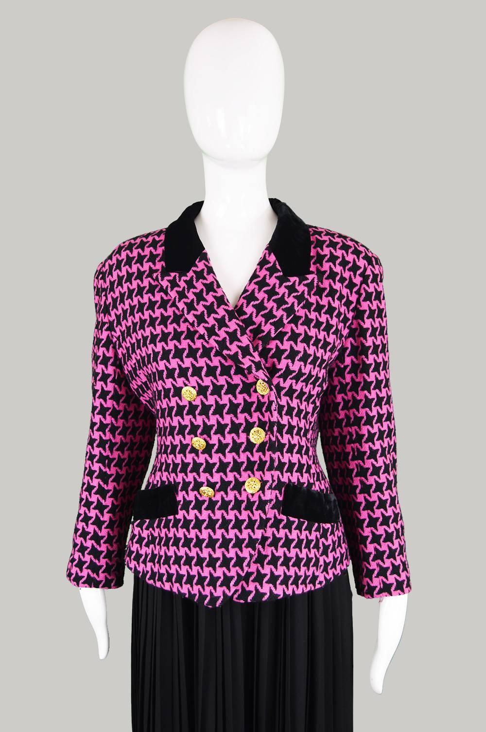 Charles Jourdan 1980s Pink & Black Vintage Wool Blazer In Excellent Condition In Doncaster, South Yorkshire