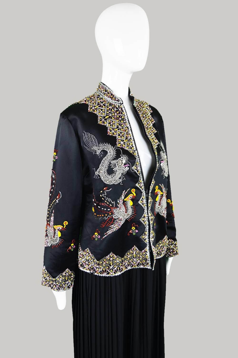 Black Vintage Silk Satin Asian Hand Beaded Silk Satin Jacket, 1960s