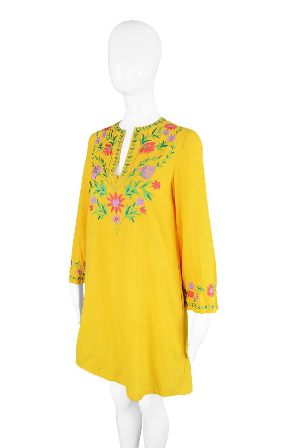Treacy Lowe Mustard Yellow Hand Embroidered Indian Cotton Mini Dress, 1970s For Sale 1