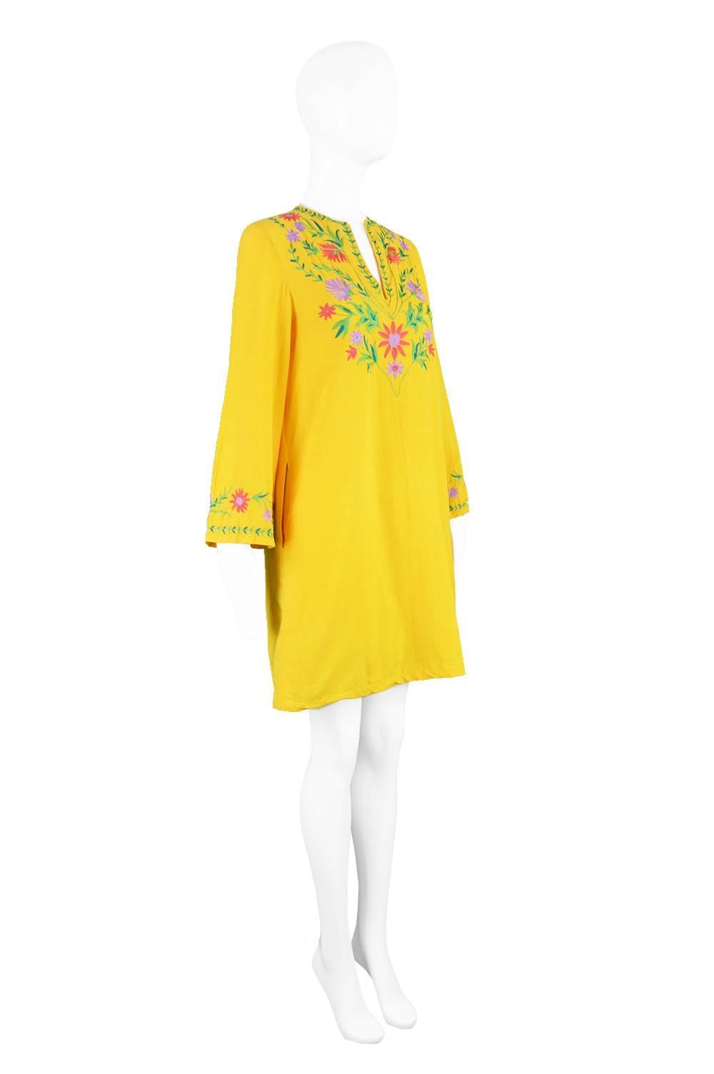 Treacy Lowe Mustard Yellow Hand Embroidered Indian Cotton Mini Dress, 1970s For Sale 2