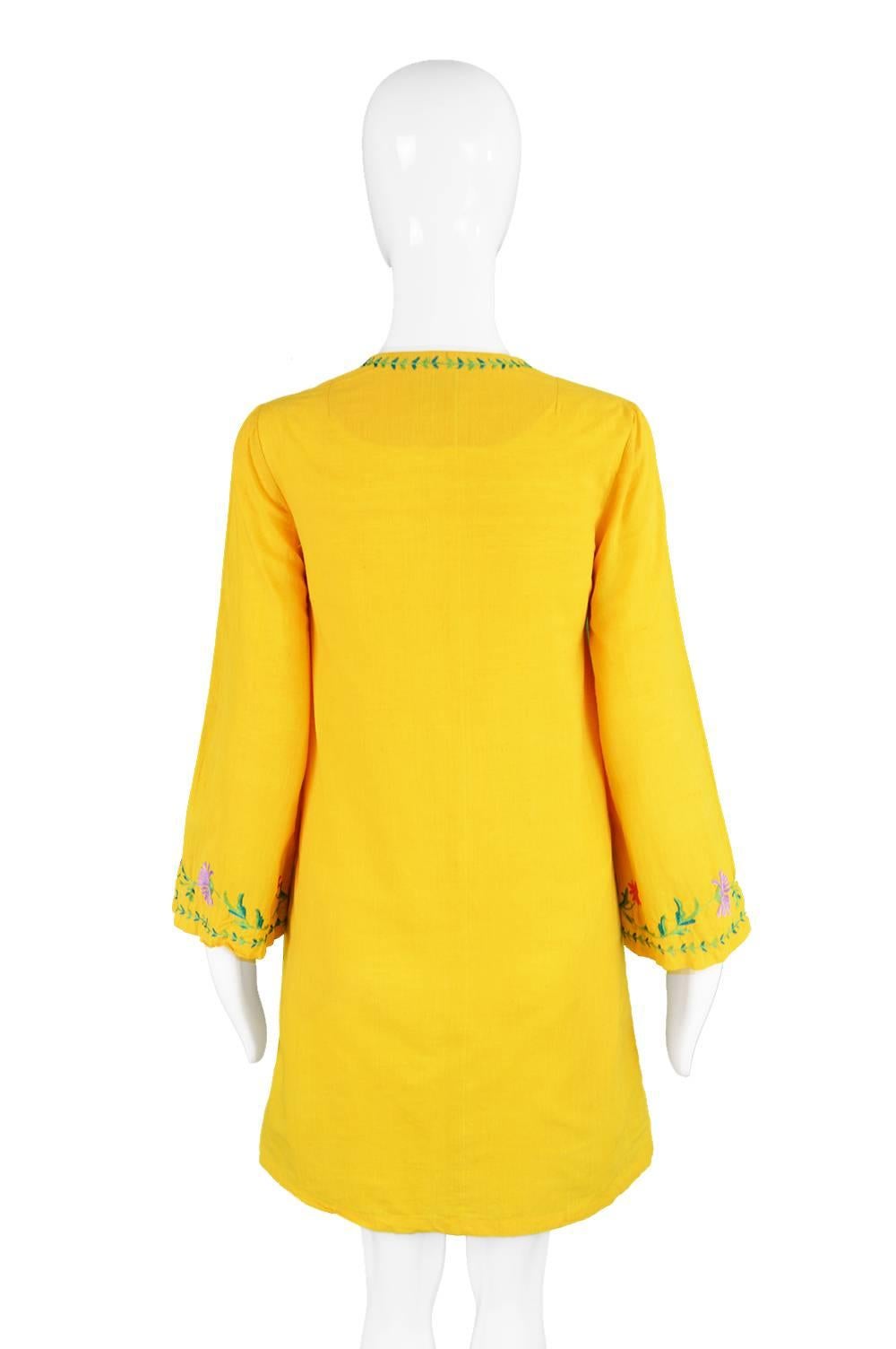 Treacy Lowe Mustard Yellow Hand Embroidered Indian Cotton Mini Dress, 1970s For Sale 5