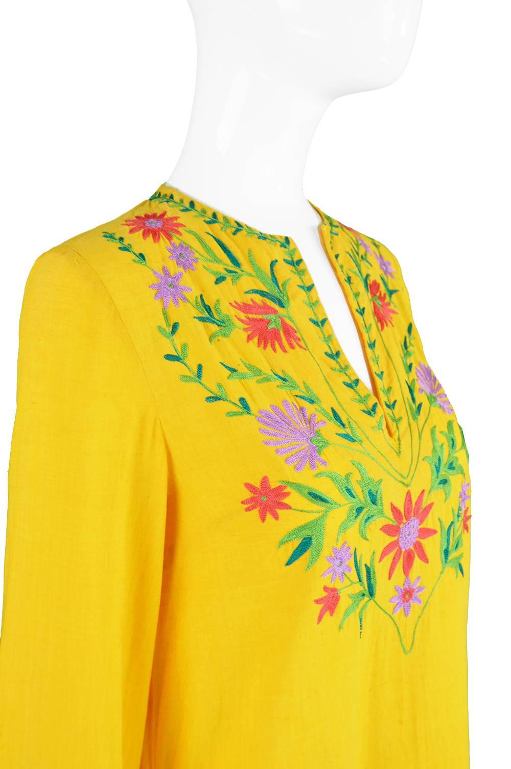 Treacy Lowe Mustard Yellow Hand Embroidered Indian Cotton Mini Dress, 1970s For Sale 3