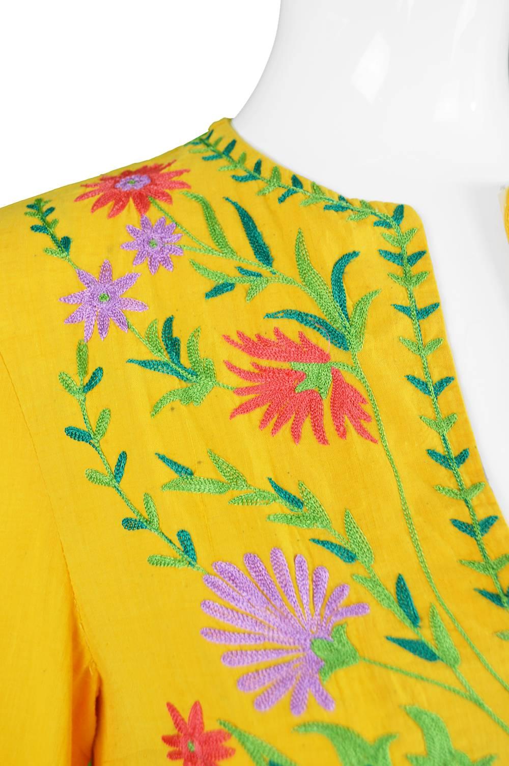 Treacy Lowe Mustard Yellow Hand Embroidered Indian Cotton Mini Dress, 1970s For Sale 4