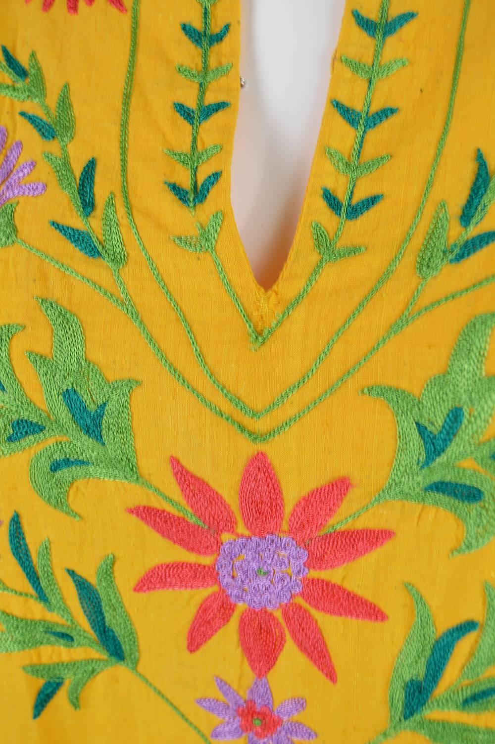 Women's Treacy Lowe Mustard Yellow Hand Embroidered Indian Cotton Mini Dress, 1970s For Sale
