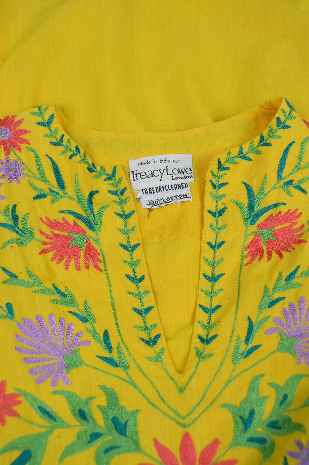 Treacy Lowe Mustard Yellow Hand Embroidered Indian Cotton Mini Dress, 1970s For Sale 6
