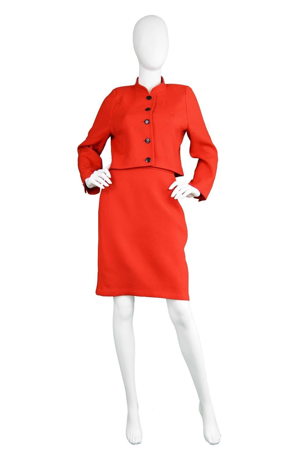 Louis Feraud Red Embroidered Wool Skirt Suit, 1980s  In Excellent Condition In Doncaster, South Yorkshire