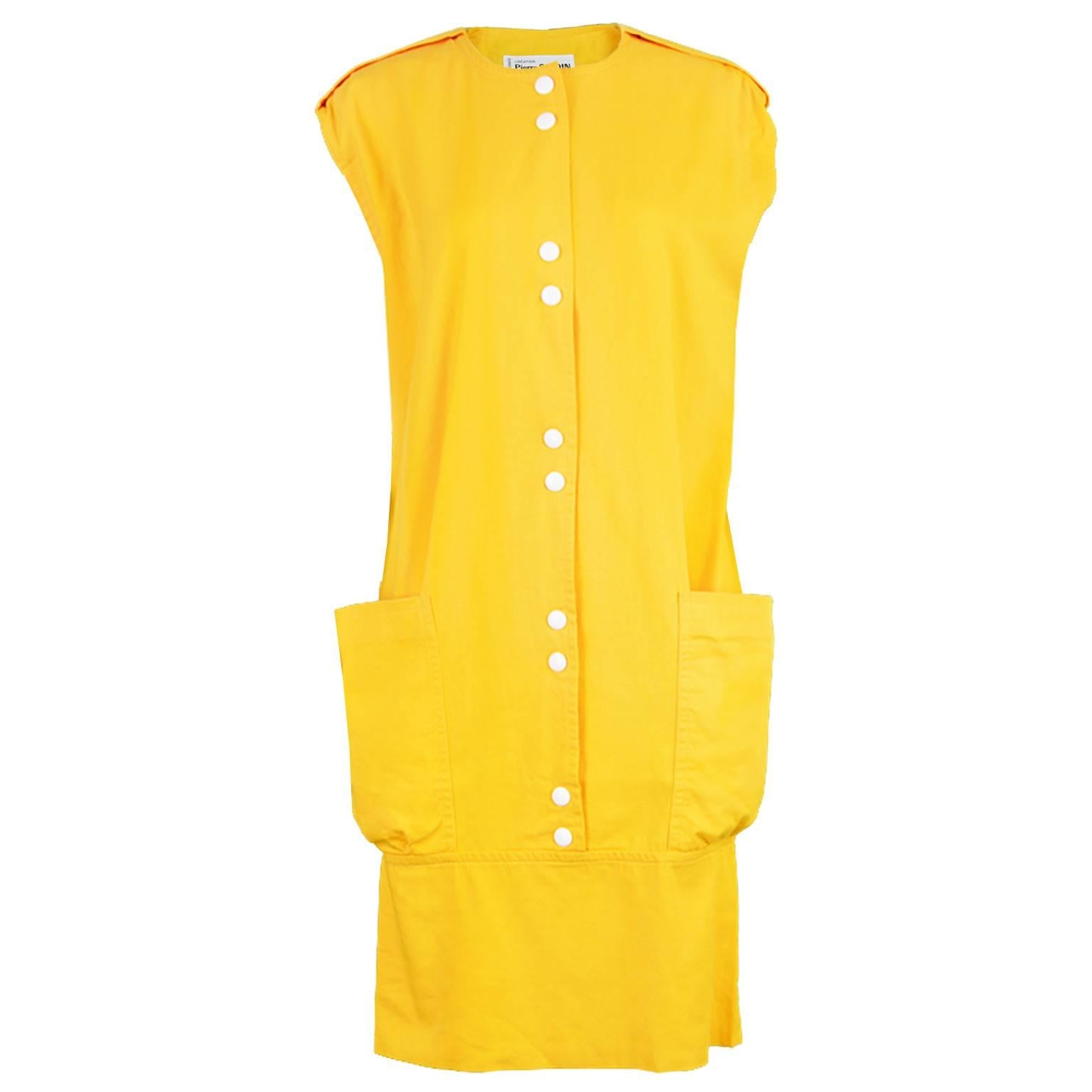 Pierre Cardin Mustard Yellow Dress with Oversized Patch Pockets, 1980s For Sale