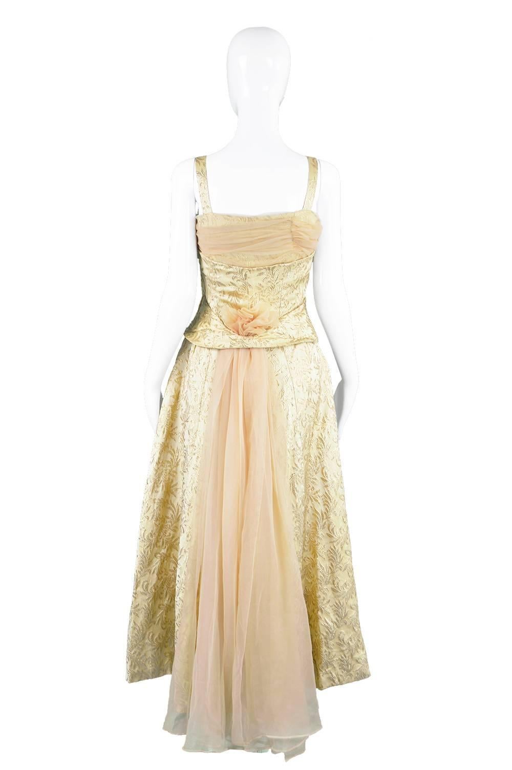 Gold Brocade Evening Gown with Chiffon Train, 1950s For Sale 1