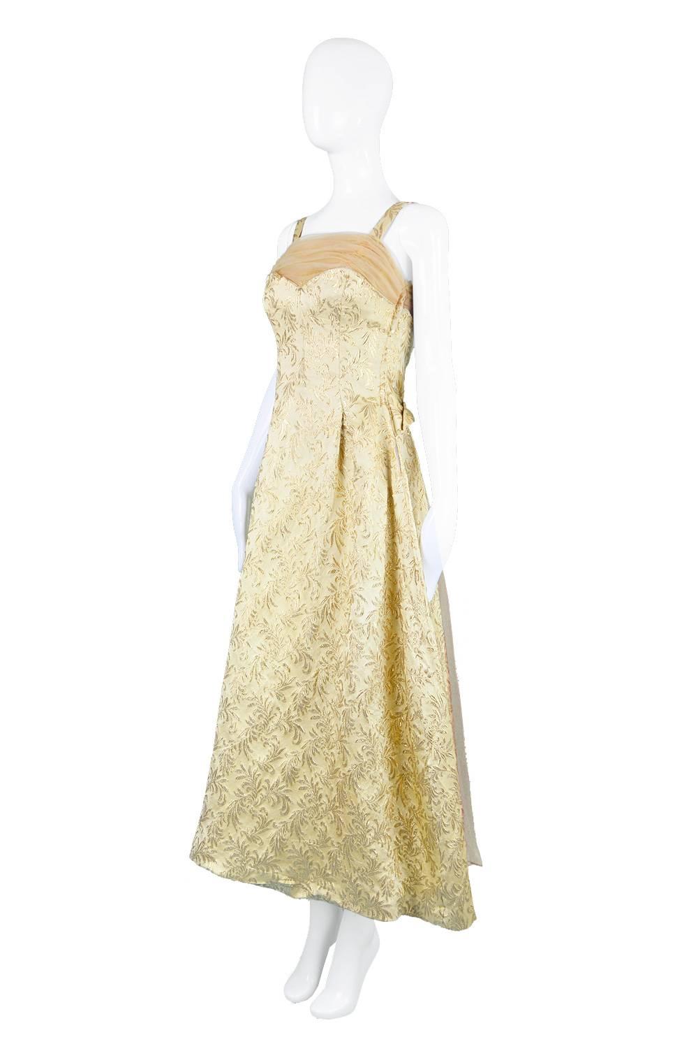 Women's Gold Brocade Evening Gown with Chiffon Train, 1950s For Sale