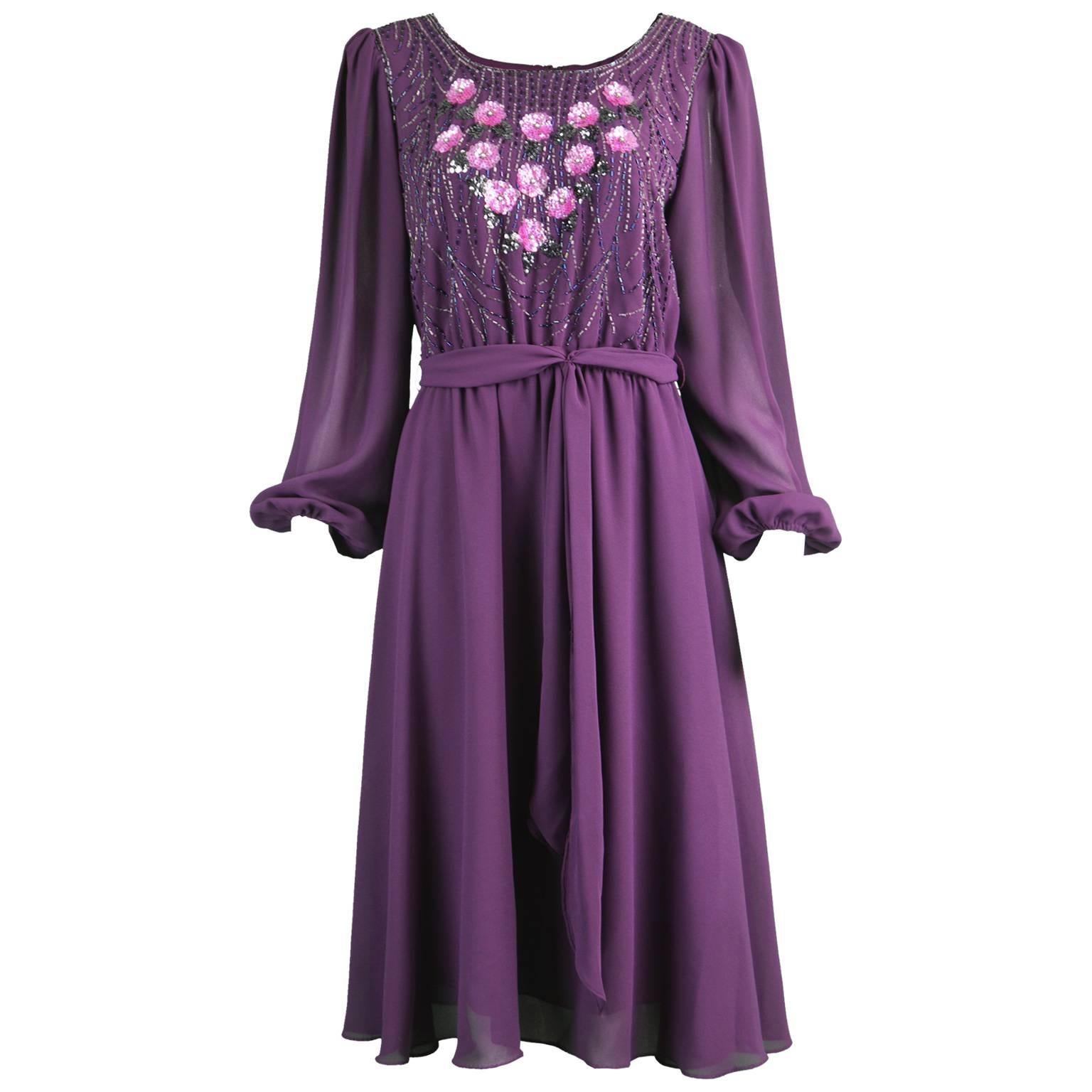Vintage Beaded Purple Chiffon Dress by Jack Bryan, 1970s For Sale
