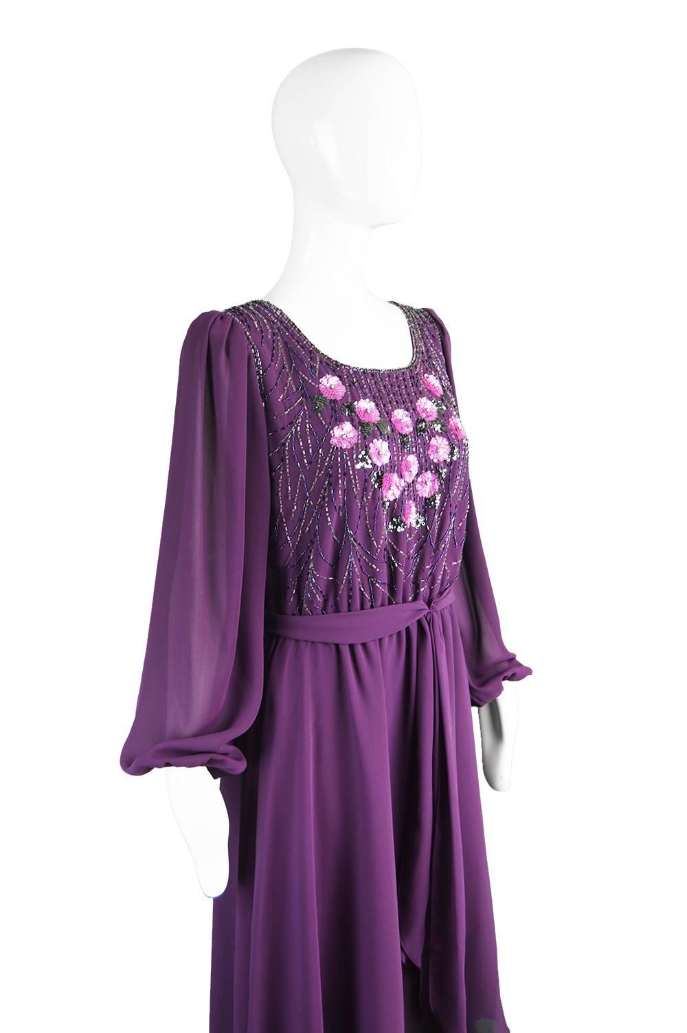 Vintage Beaded Purple Chiffon Dress by Jack Bryan, 1970s In Excellent Condition For Sale In Doncaster, South Yorkshire