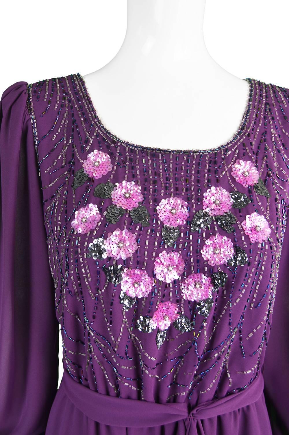 Women's Vintage Beaded Purple Chiffon Dress by Jack Bryan, 1970s For Sale
