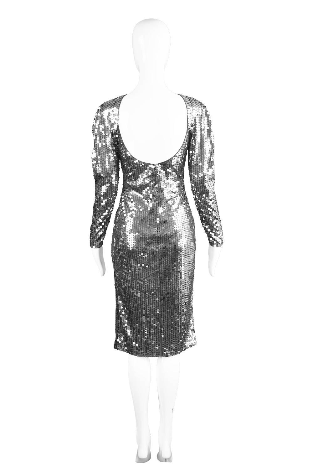 Women's Halston Silver Sequin Dress with Deep Scoop Back, 1970s For Sale