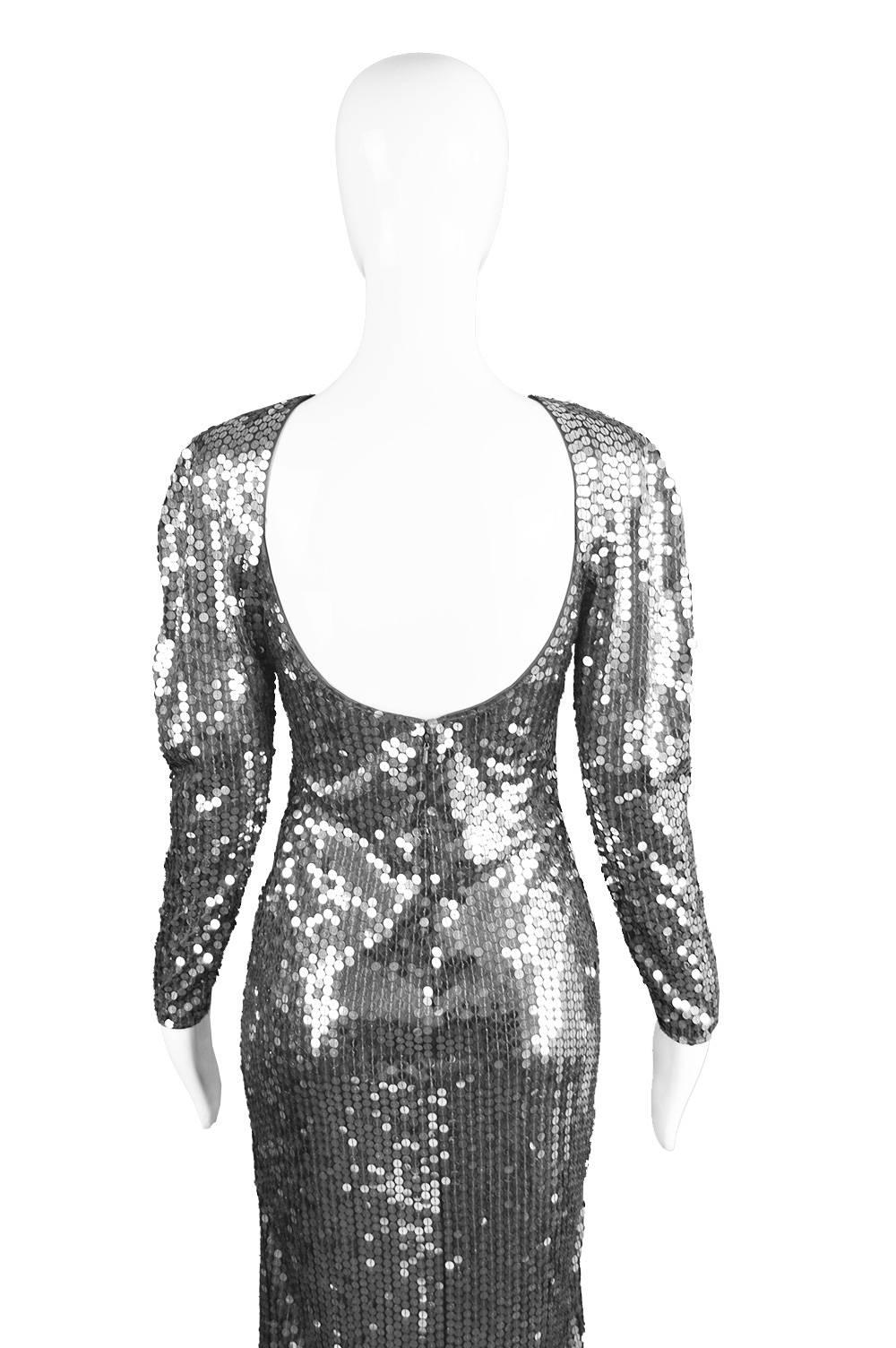 Halston Silver Sequin Dress with Deep Scoop Back, 1970s For Sale 3