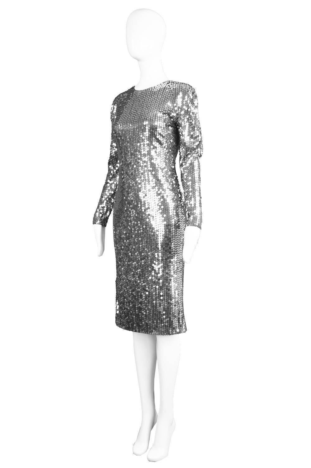 Halston Silver Sequin Dress with Deep Scoop Back, 1970s For Sale 1