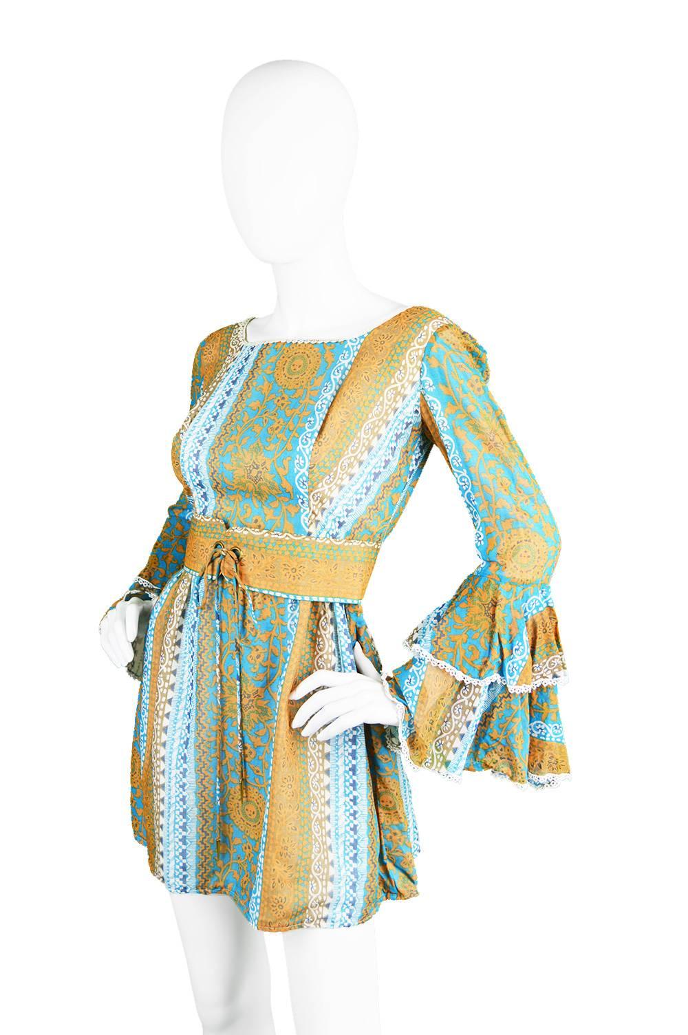Beige Koupy Boutique Cotton Voile Bell Sleeve Mini Dress, 1970s For Sale