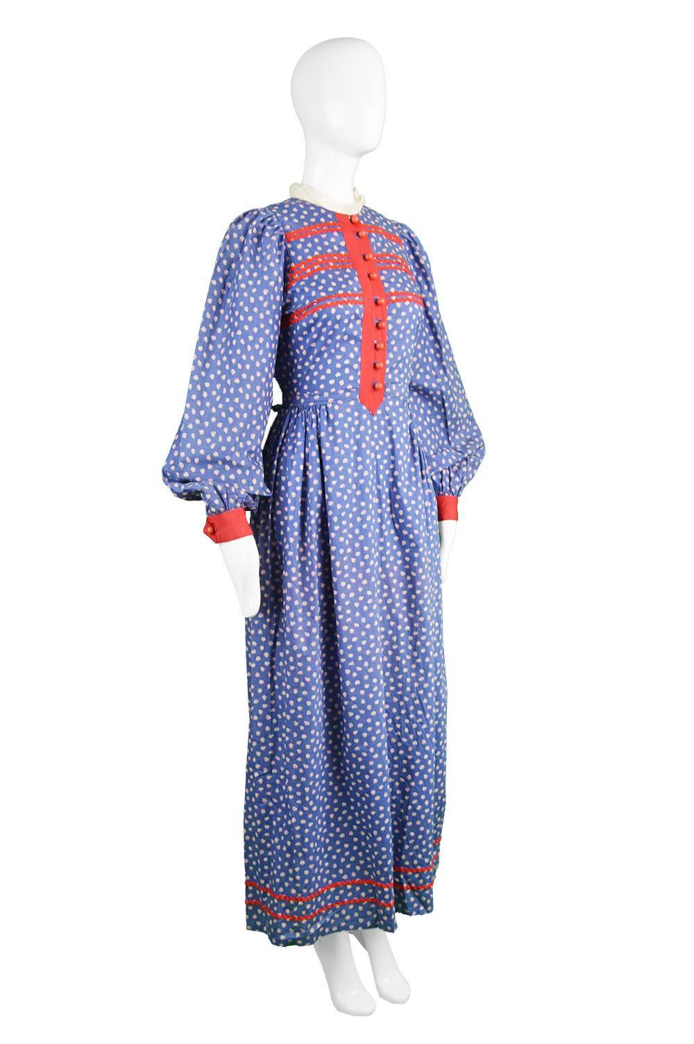 Women's Mary Quant Blue & Red Peasant Dress with Ditsy Floral Print, 1970s