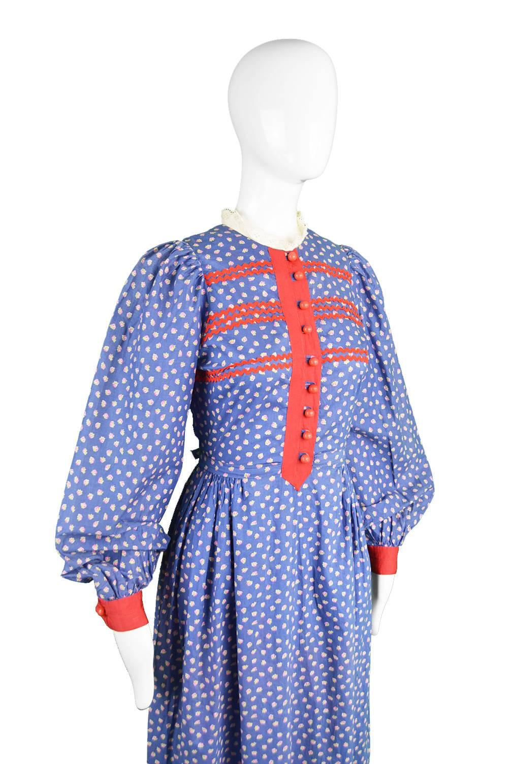 Mary Quant Blue & Red Peasant Dress with Ditsy Floral Print, 1970s 1