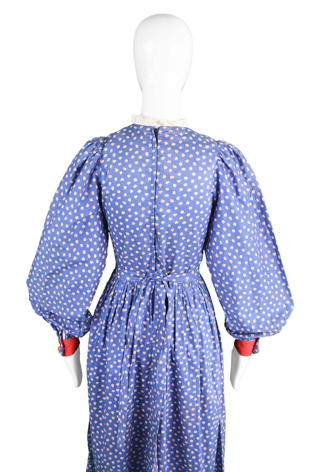 Mary Quant Blue & Red Peasant Dress with Ditsy Floral Print, 1970s 3