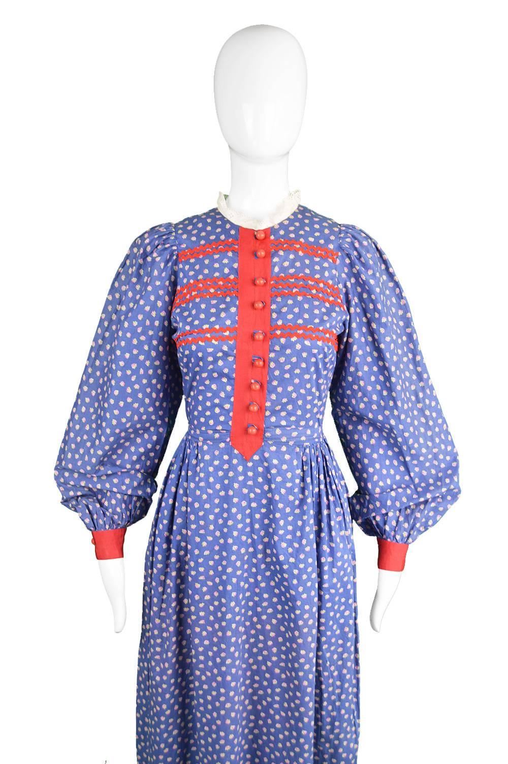 Purple Mary Quant Blue & Red Peasant Dress with Ditsy Floral Print, 1970s