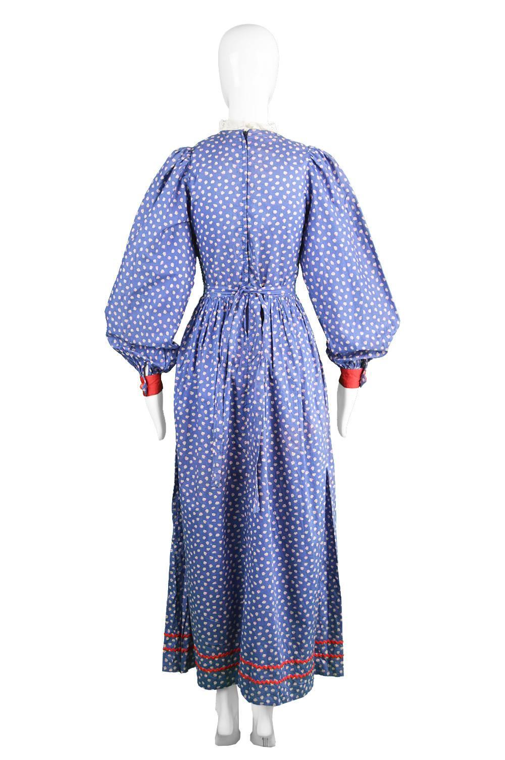 Mary Quant Blue & Red Peasant Dress with Ditsy Floral Print, 1970s 2
