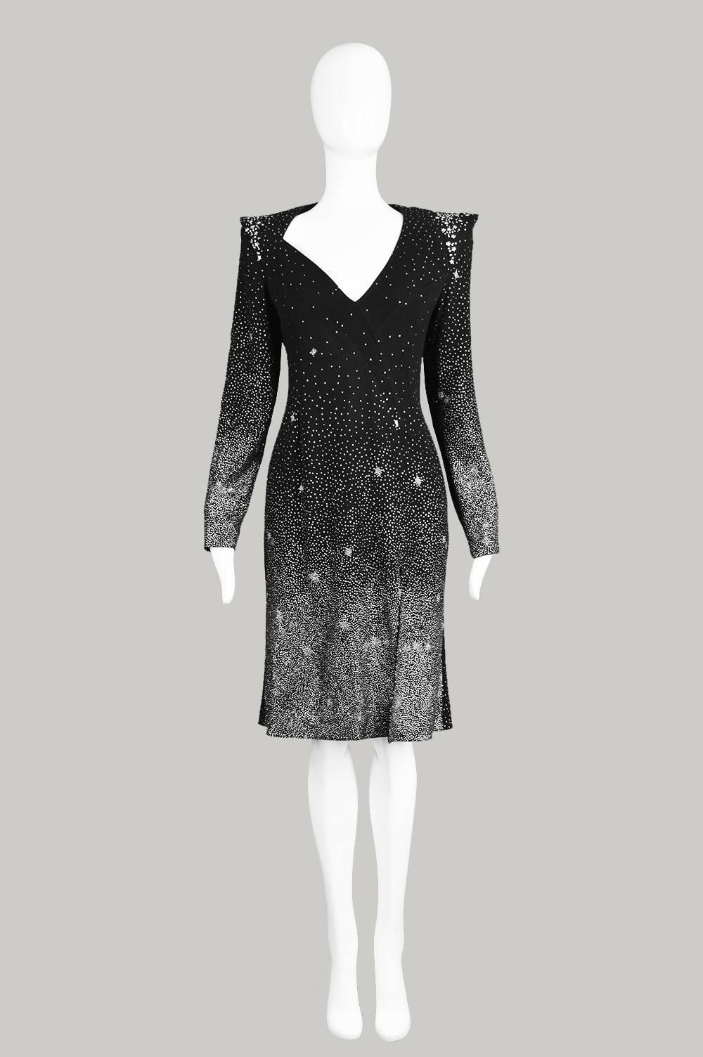 An incredible vintage Christian Lacroix galactic dress from the Fall 1998 collection. 

Estimated Size: UK 10/ US 6/ EU 38 
Bust - 34” / 86cm
Waist - 28” / 71cm
Hips - 38” / 96cm
Length (Shoulder to Hem) - 39” / 99cm
Shoulder to Shoulder -