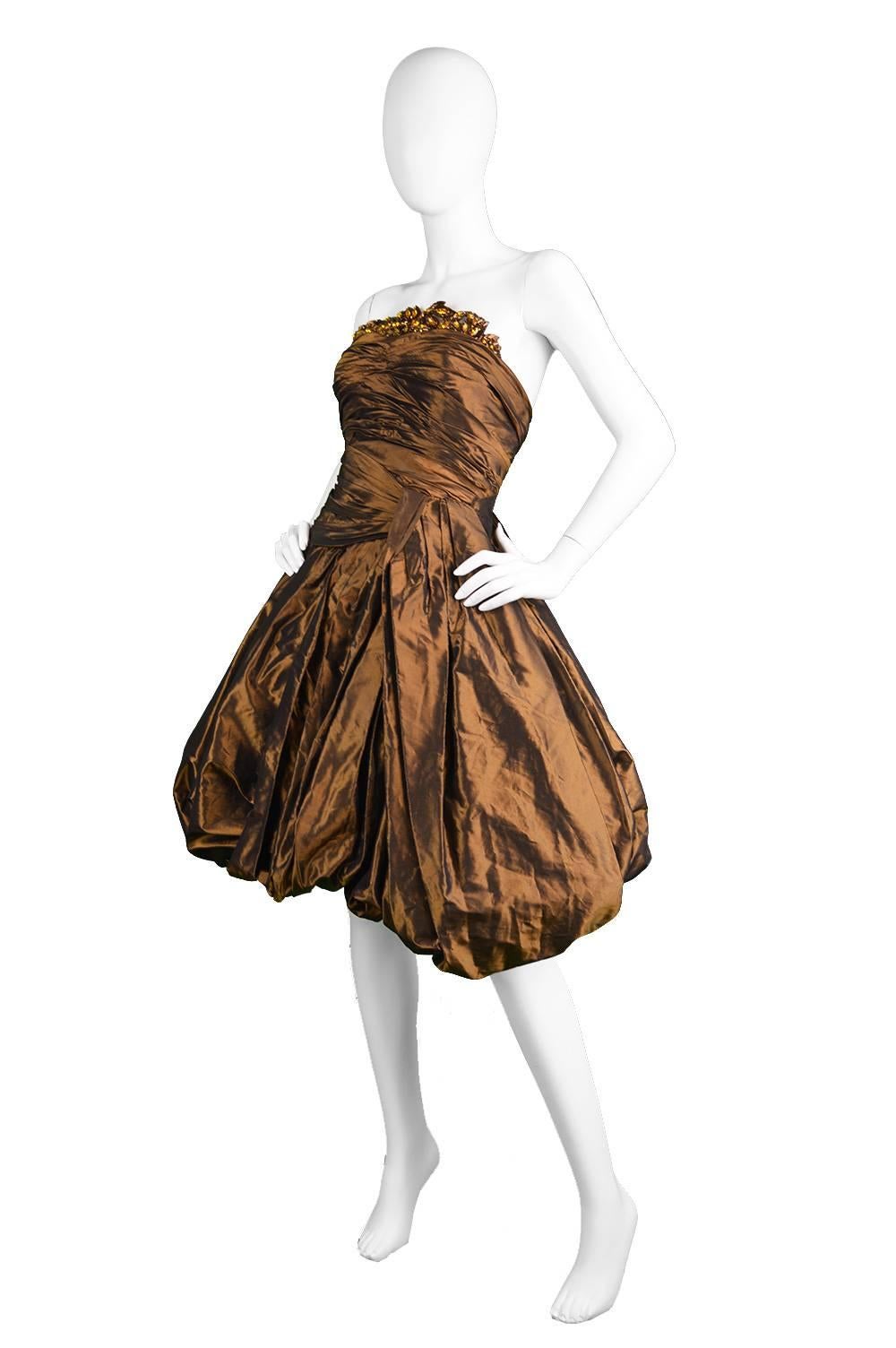 Brown Jean-Louis Scherrer Couture Numbered Bronze Silk Taffeta Dress, 1980s