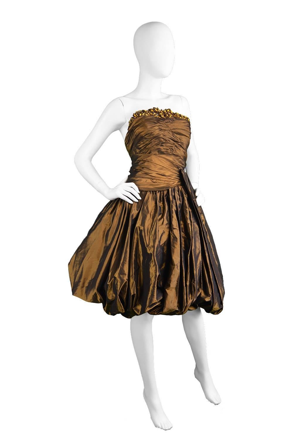 Women's Jean-Louis Scherrer Couture Numbered Bronze Silk Taffeta Dress, 1980s
