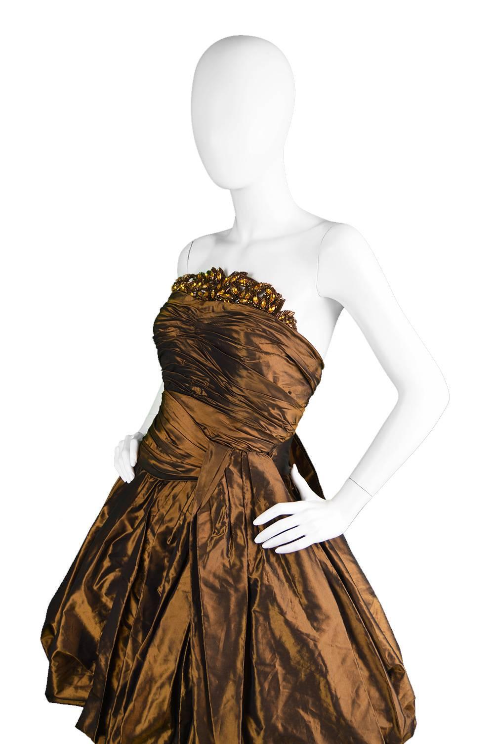 Jean-Louis Scherrer Couture Numbered Bronze Silk Taffeta Dress, 1980s In Excellent Condition In Doncaster, South Yorkshire