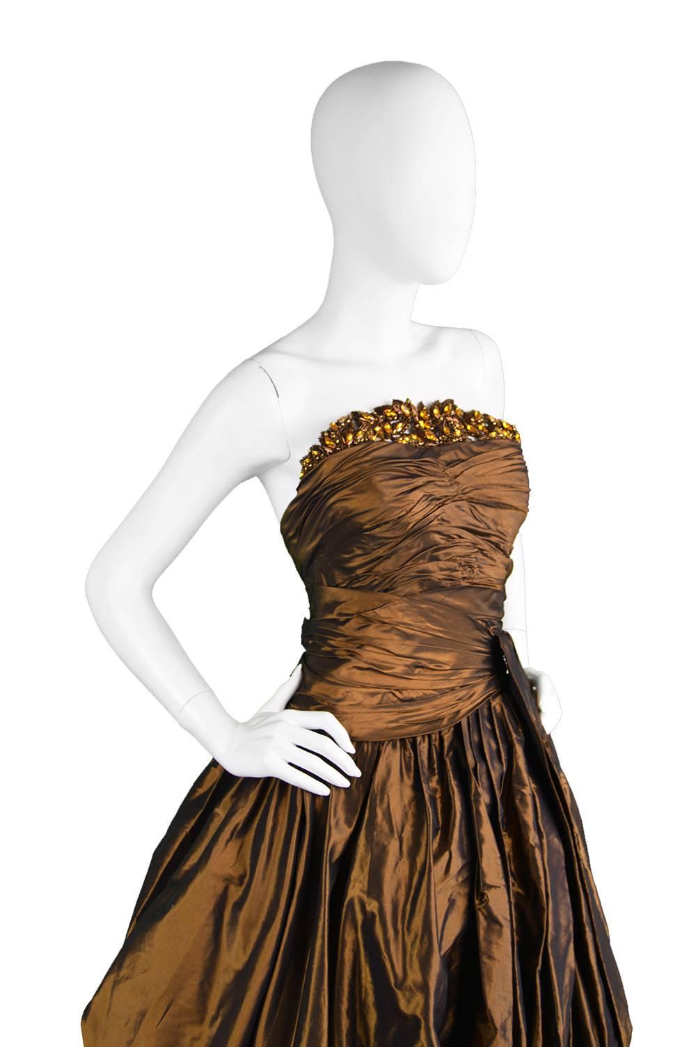 Jean-Louis Scherrer Couture Numbered Bronze Silk Taffeta Dress, 1980s 1
