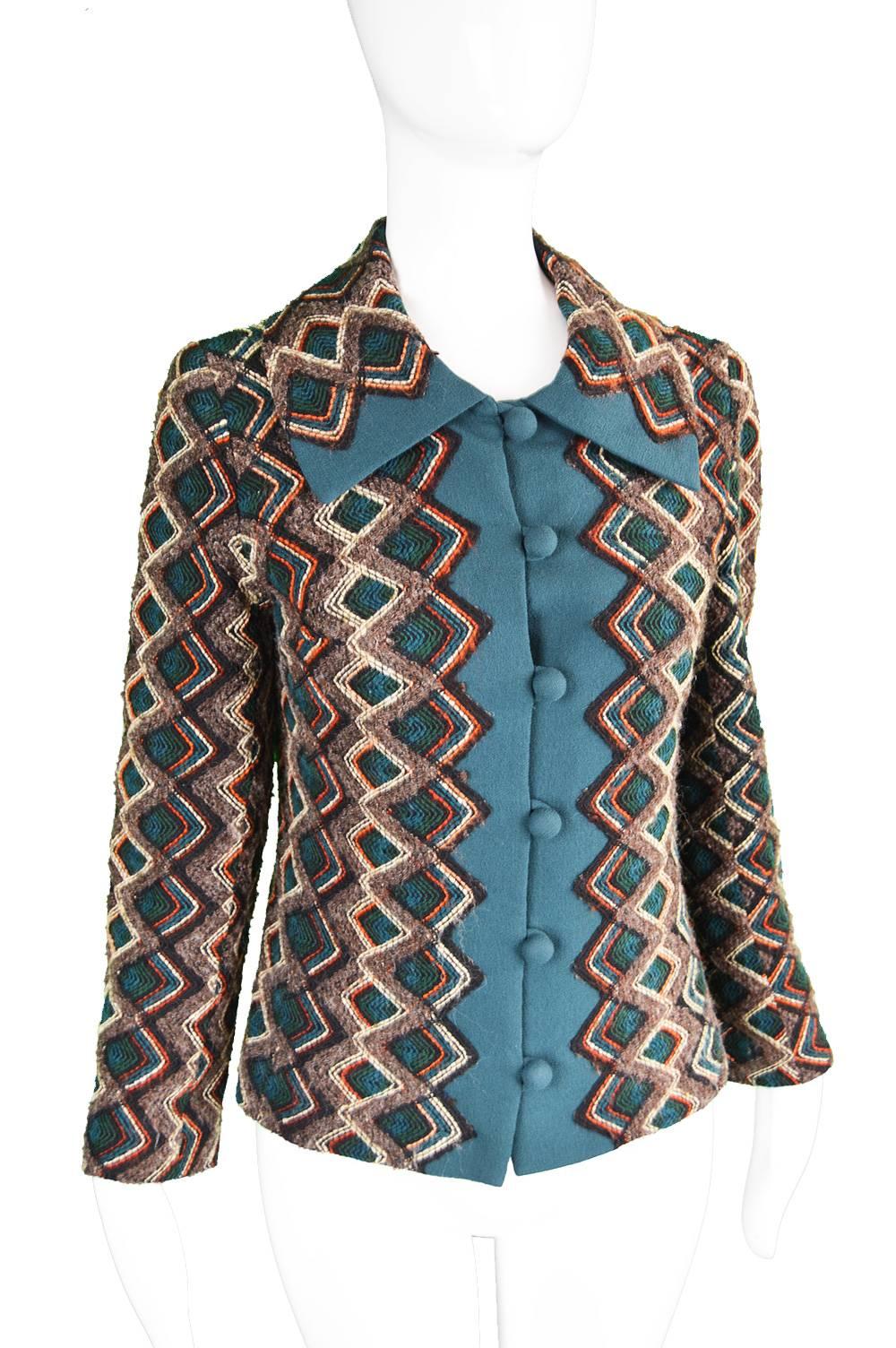 Norman Hartnell Woven Wool & Crepe Jacket, 1960s For Sale 2