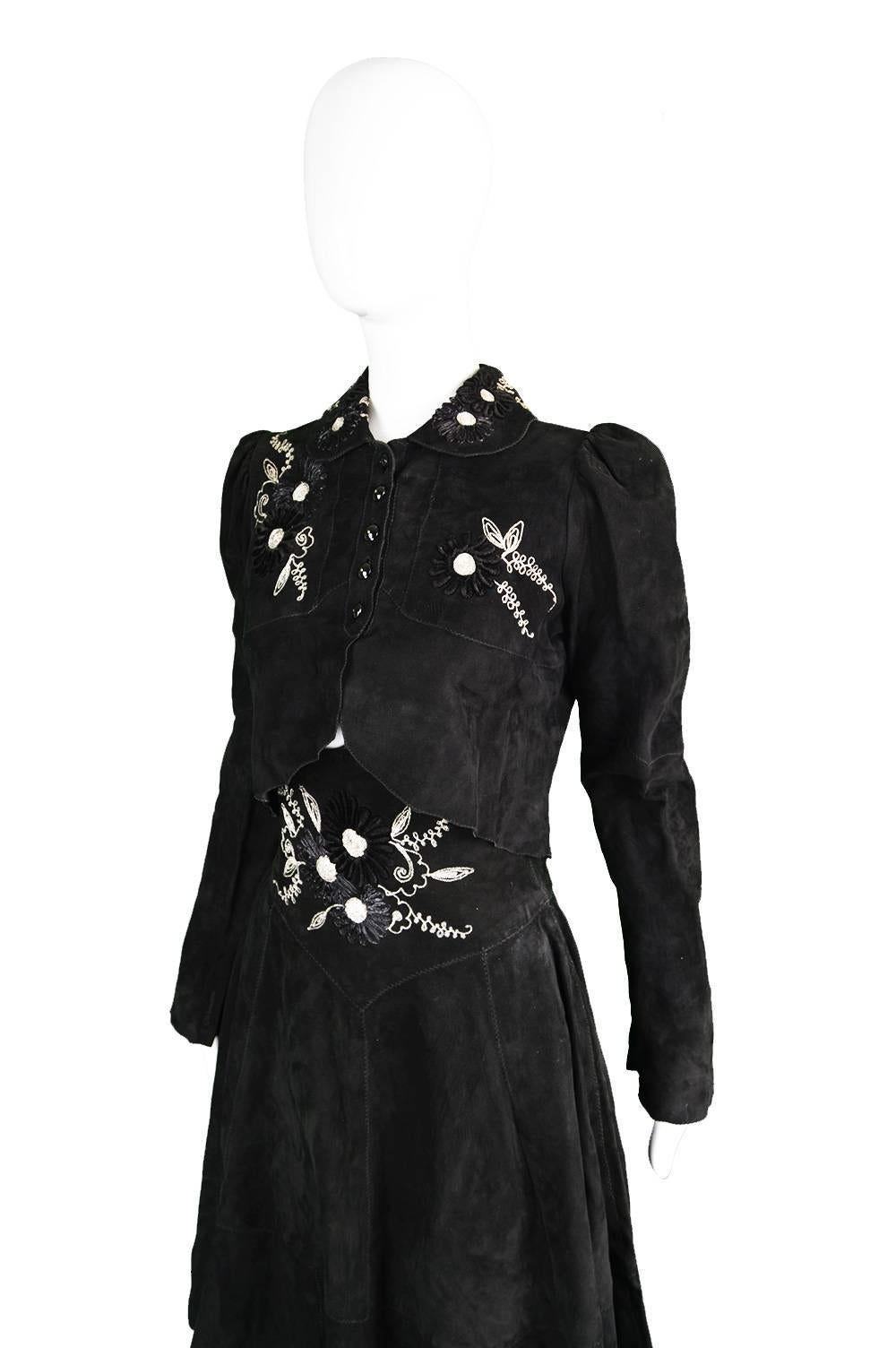 Tuttabankem Black Suede Leg o Mutton Sleeve Two Piece, 1970s In Excellent Condition In Doncaster, South Yorkshire