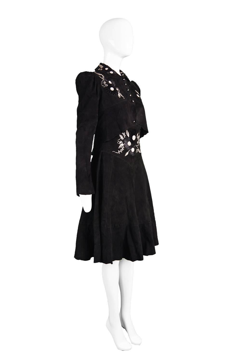 Tuttabankem Black Suede Leg o Mutton Sleeve Two Piece, 1970s 1