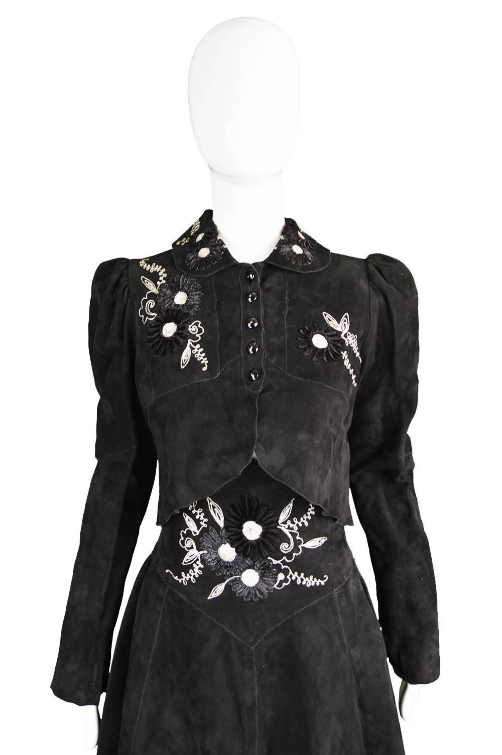 Tuttabankem Black Suede Leg o Mutton Sleeve Two Piece, 1970s 4