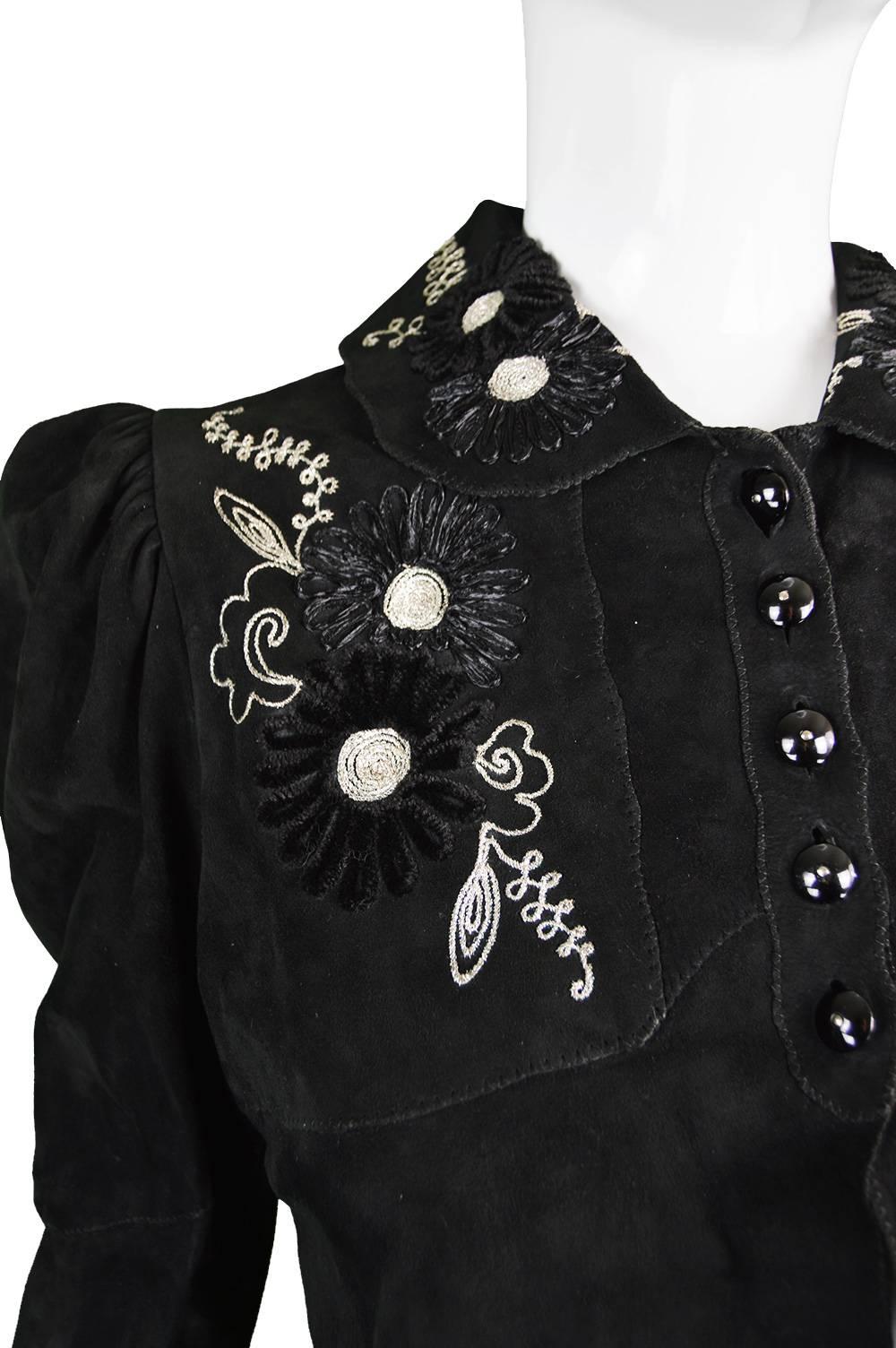 Women's Tuttabankem Black Suede Leg o Mutton Sleeve Two Piece, 1970s