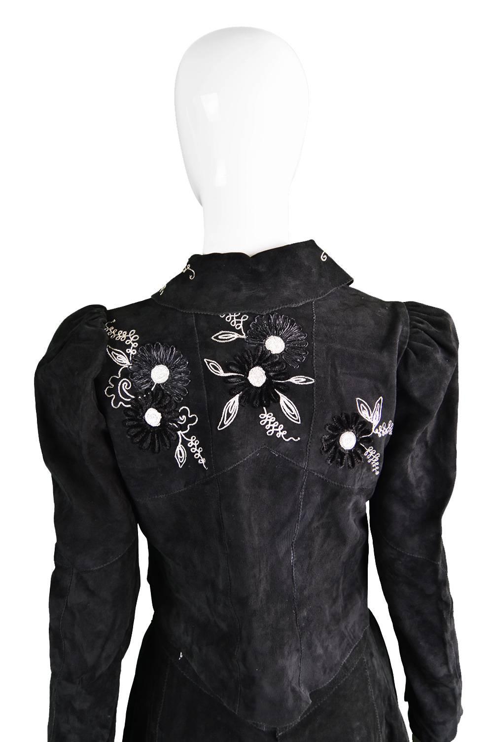 Tuttabankem Black Suede Leg o Mutton Sleeve Two Piece, 1970s 5