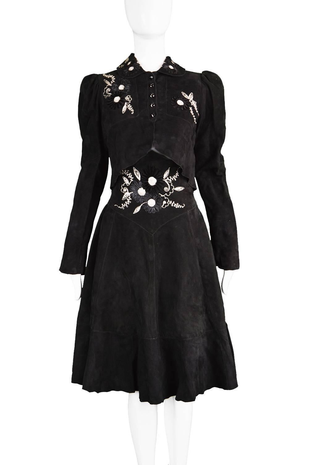 Tuttabankem Black Suede Leg o Mutton Sleeve Two Piece, 1970s 3