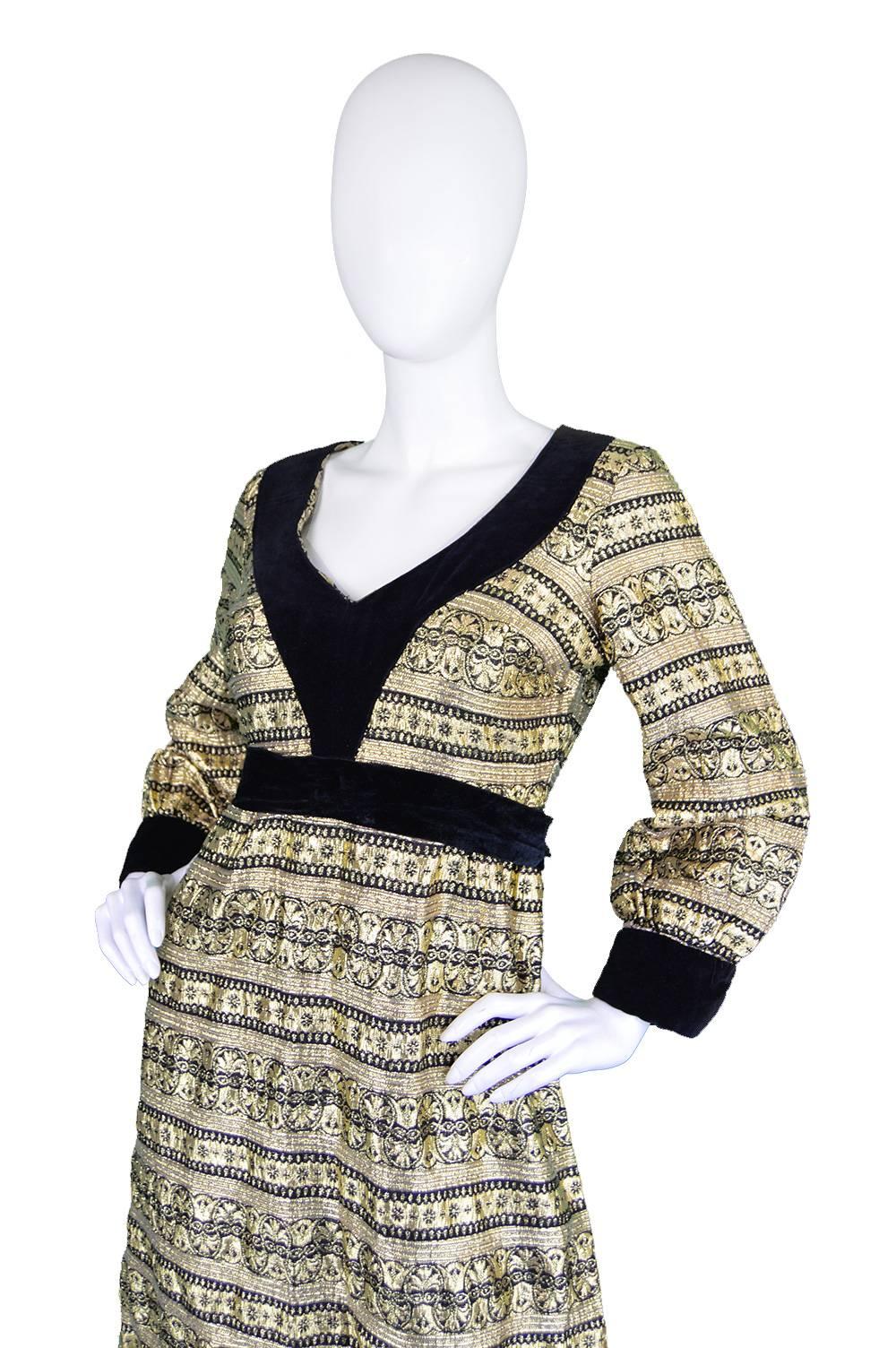 Brown Jean Varon Gold Lamé Brocade & Velvet A-Line Evening Dress, 1970s